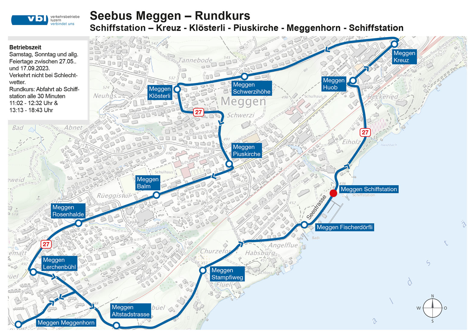 Der Rundkurs des Megger Seebusses in der Saison 2023.