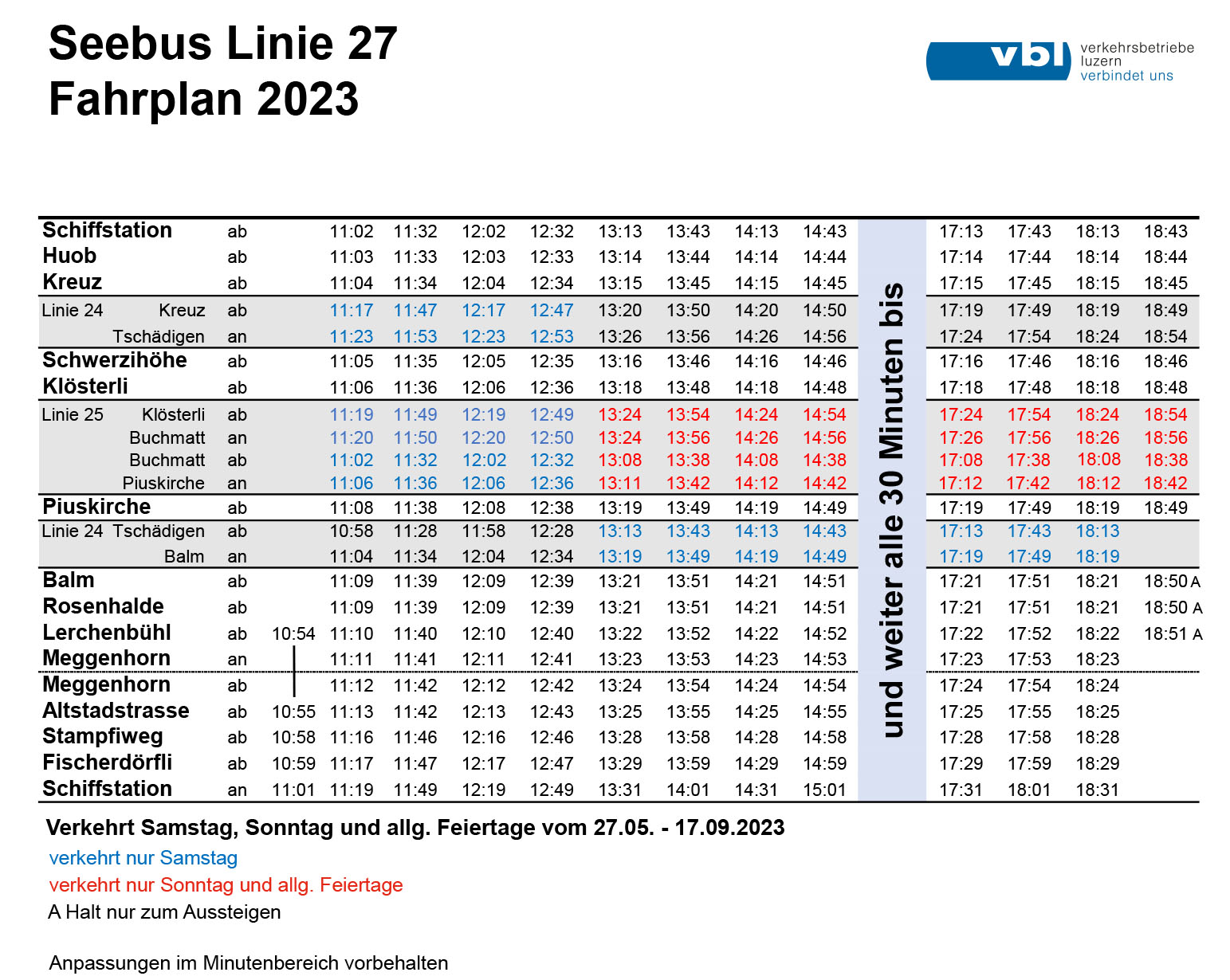 Fahrplan 2023 der Linie 27 auf dem Rundkurs in Meggen.