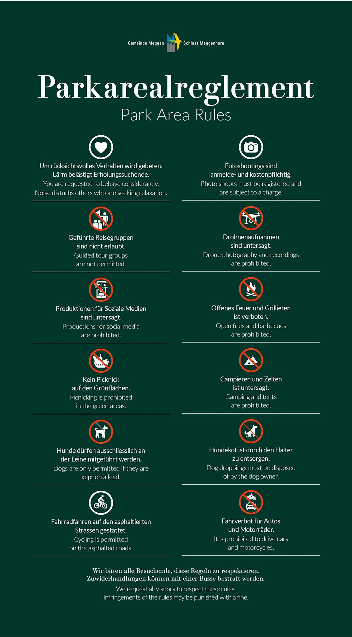 Das Parkarealreglement in deutscher und englischer Sprache.