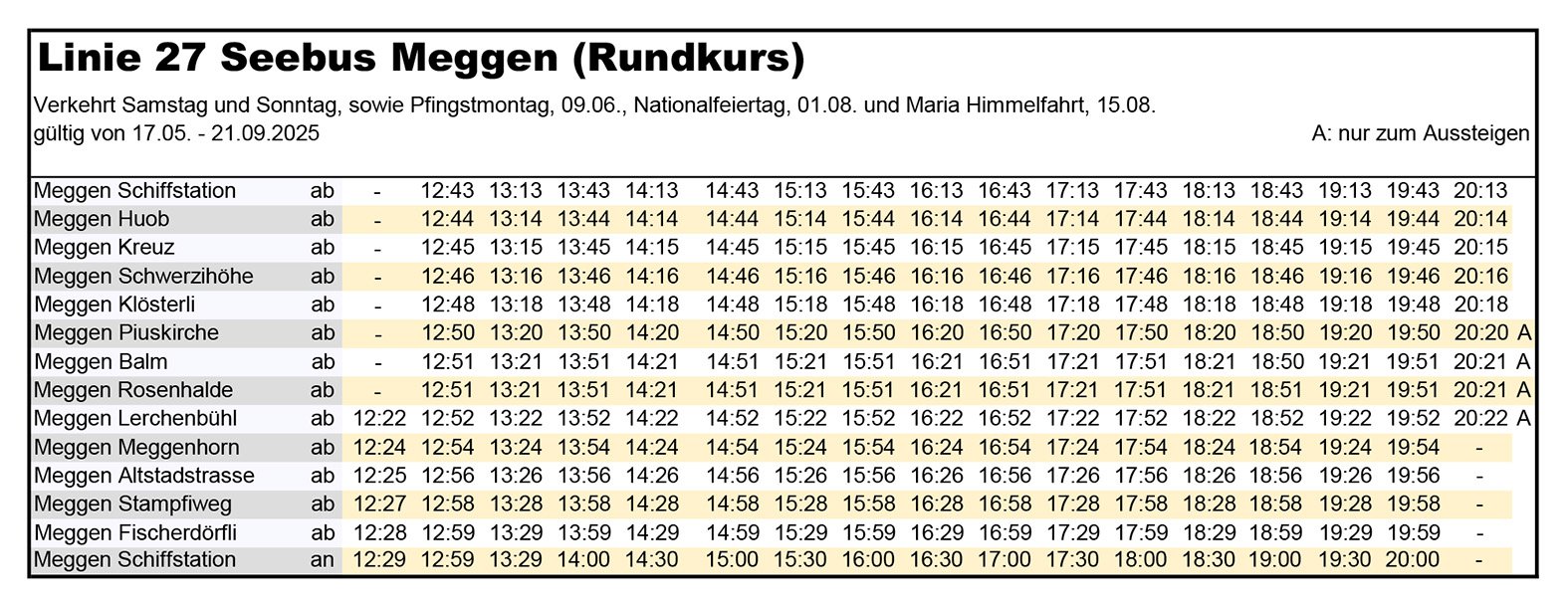 Der Fahrplan des Megger Seebusses, welcher in diesem Jahr vom 17. Mai bis am 21. September unterwegs ist.