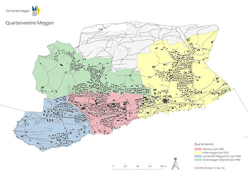 Gebietseinteilung der vier Megger Quartiervereine.