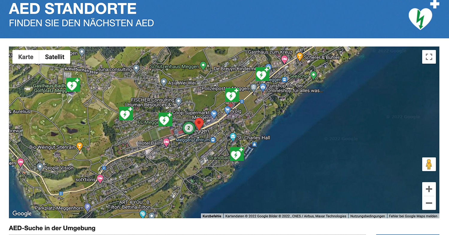 Kartenausschnitt der Website First Responder Zentralschweiz mit den Standorten der Defibrillatoren in der Gemeinde Meggen.