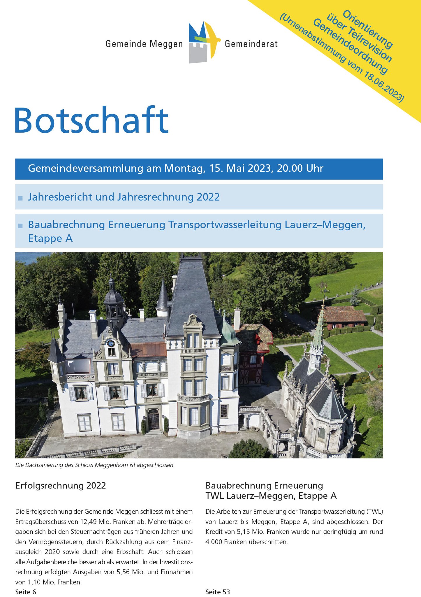 Titelseite der Botschaft des Gemeinderates zuhanden der Gemeindeversammlung von Mitte Mai 2023.